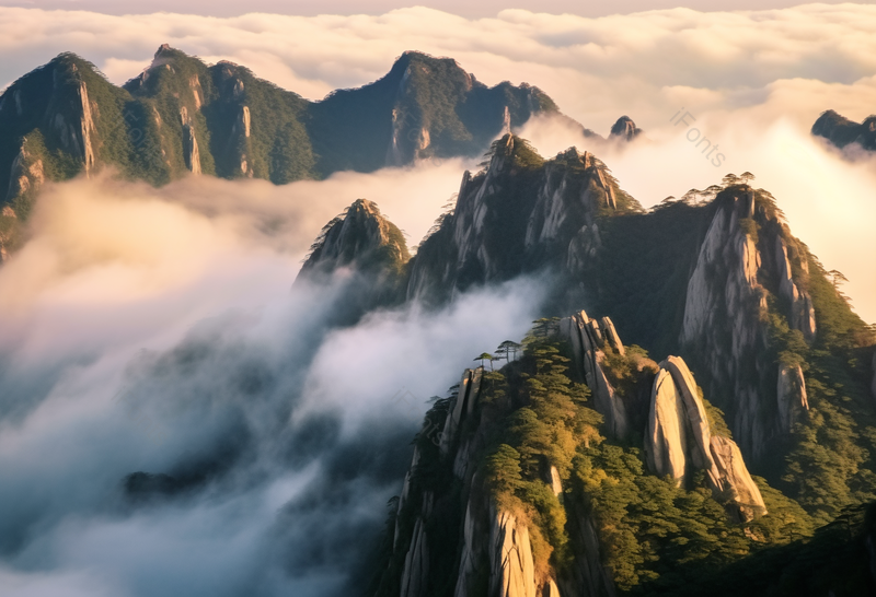 黄昏阳光照耀下的山顶风景烟雾,高清,摄影图,摄影图片,图片大全,摄影图免费下载
